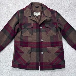 Vintage 1990s Eddie Bauer Plaid Wool Blanket Coat. Small Petite Made In USA